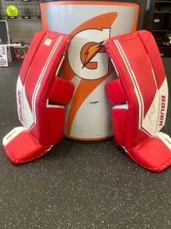 Used Bauer M5 PRO Goalie Leg Pads Inter White And Red 31"