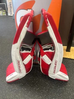 Used Bauer M5 PRO Goalie Leg Pads Inter White And Red 31