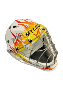 Used Mylec FLAME St Hcky Goalie Helmet Yth Yellow And White SM
