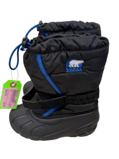 Used Sorel Flurry Snow Boots Black And Royal Blue Junior 01