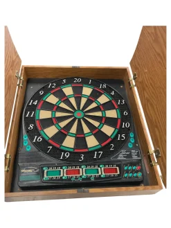 Used Spalding Electronic Dart Board in Oak Cabinet